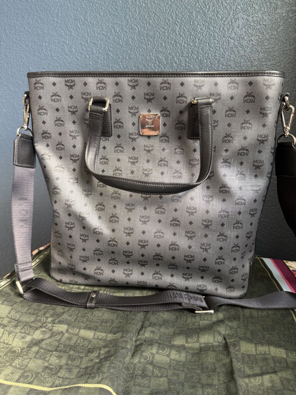 MCM Grey Monogram Tote with Silver Plaque